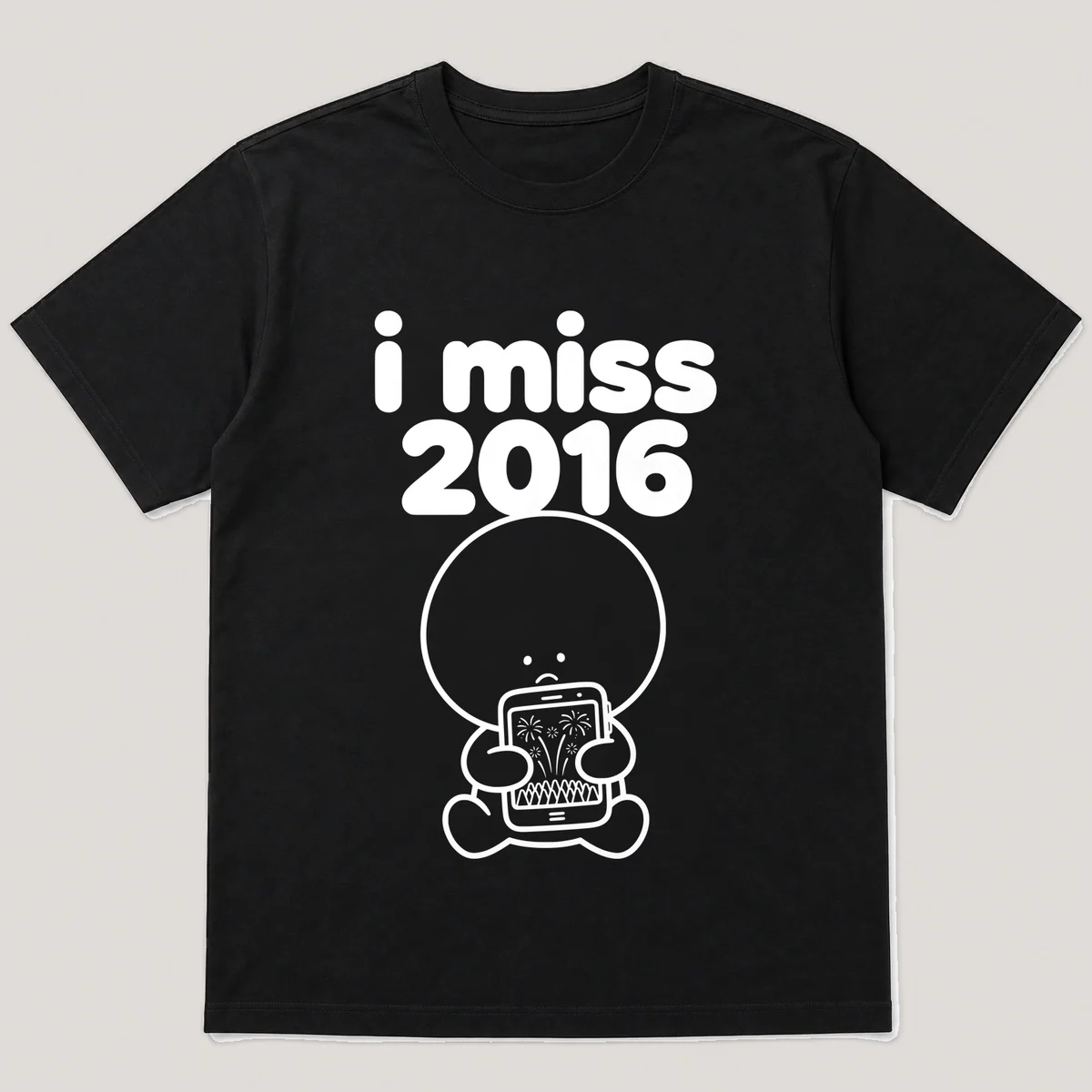 lonely boi tee: a small sad cartoon boy hugging a phone showing fireworks over a crowd, with the words i miss 2016 above him, Black front view