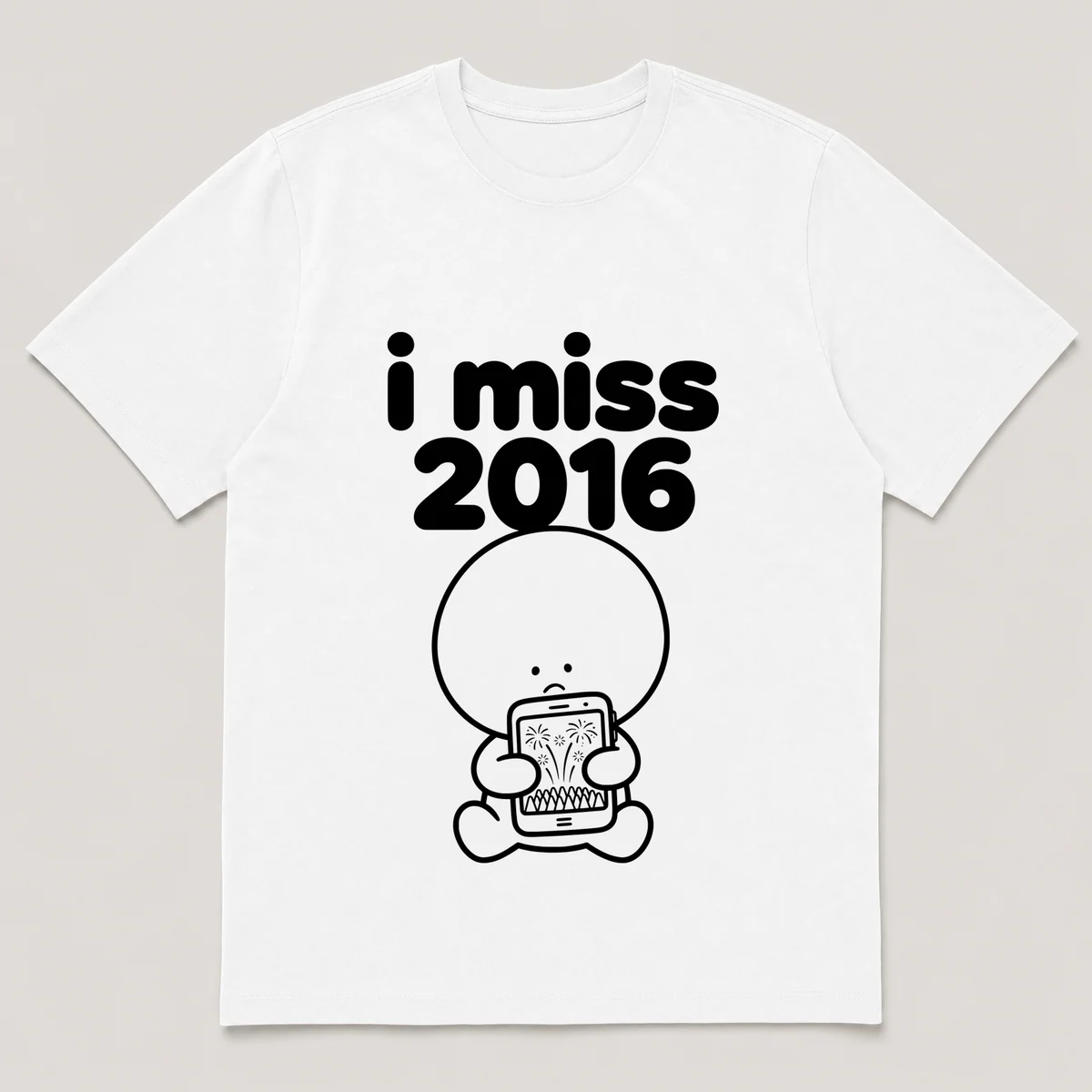 lonely boi tee: a small sad cartoon boy hugging a phone showing fireworks over a crowd, with the words i miss 2016 above him, White front view