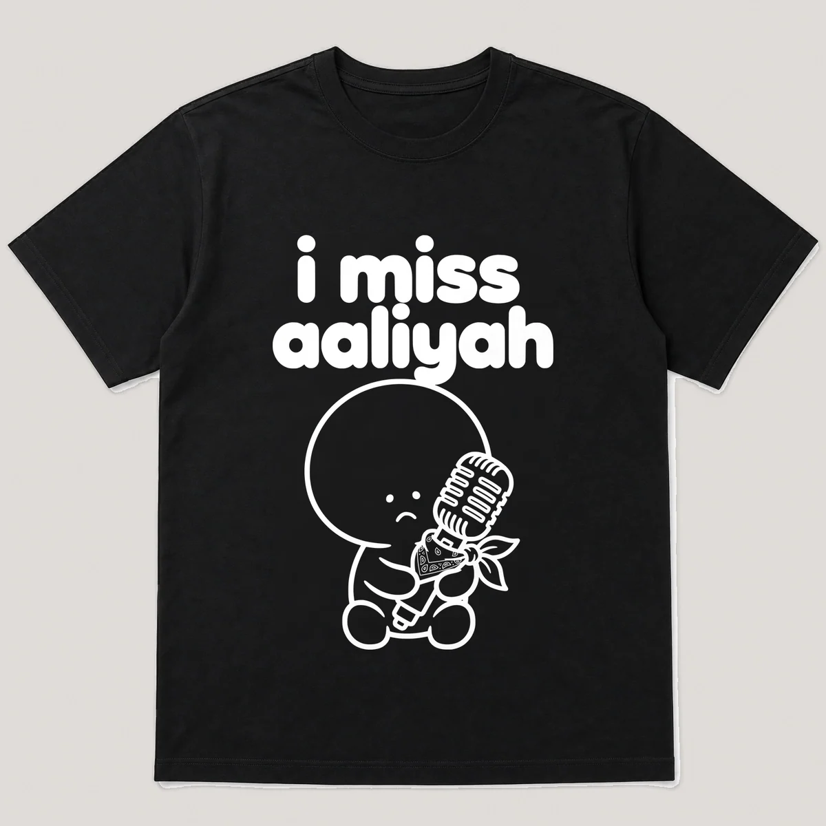lonely boi tee: a small sad cartoon boy hugging a silver microphone with a bandana, with the words i miss aaliyah above him, Black front view