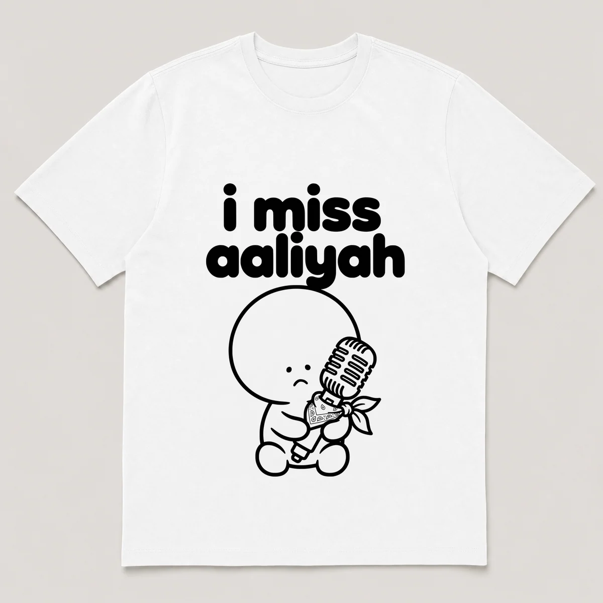 lonely boi tee: a small sad cartoon boy hugging a silver microphone with a bandana, with the words i miss aaliyah above him, White front view