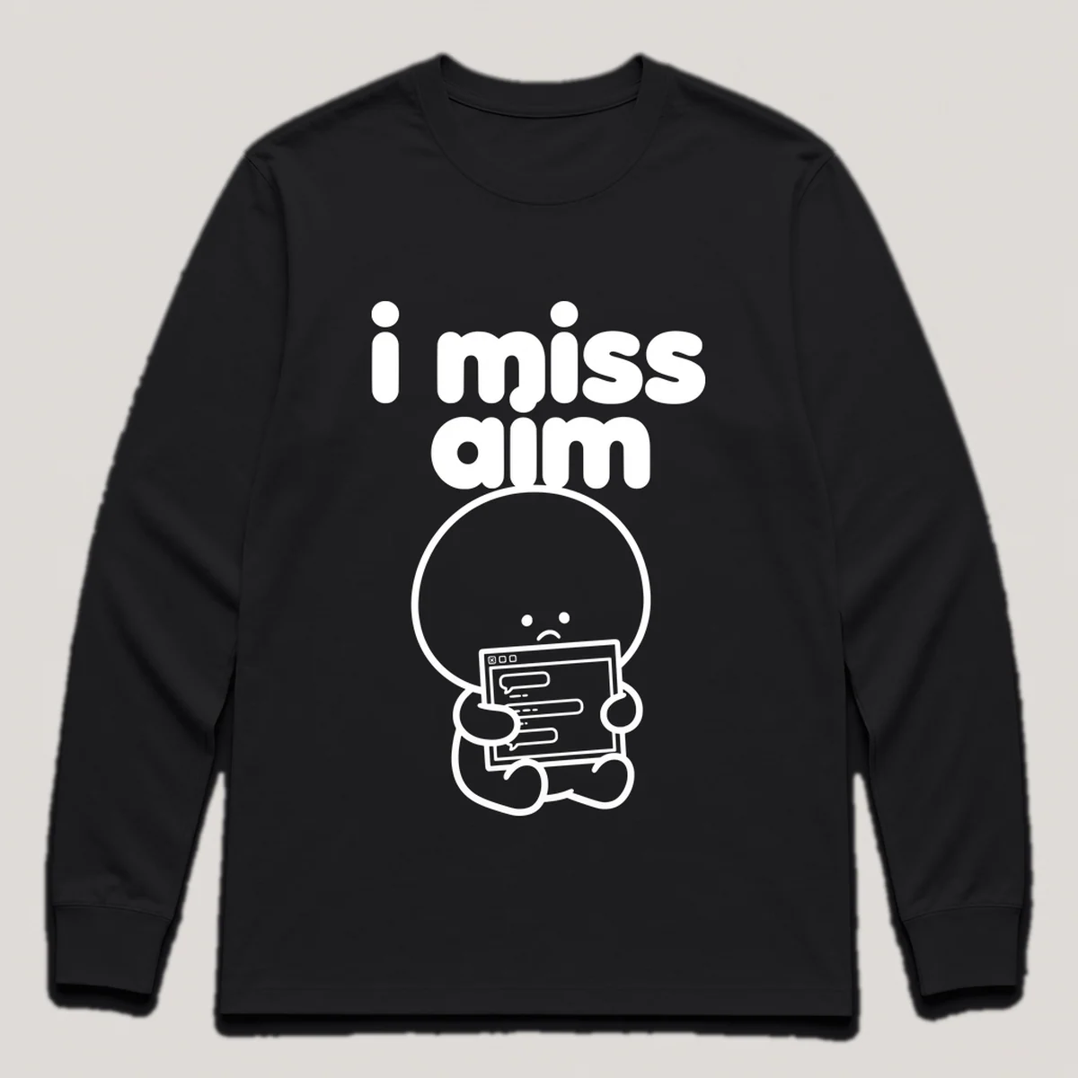 lonely boi tee: a small sad cartoon boy hugging an old desktop chat window with a smile, with the words i miss aim above him, Black front view