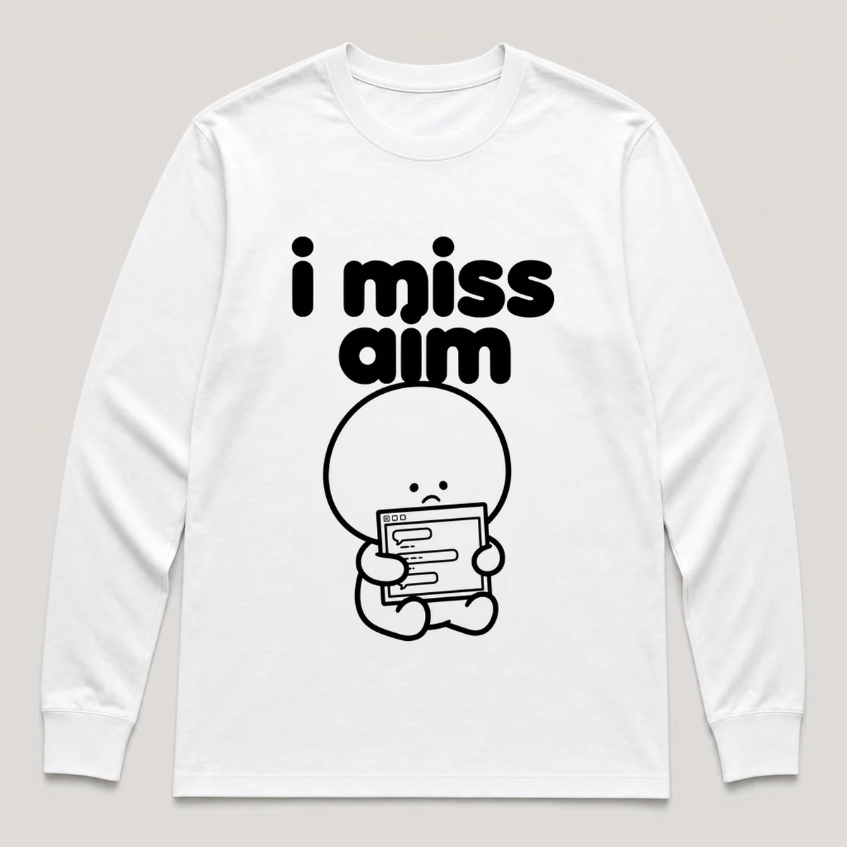 lonely boi tee: a small sad cartoon boy hugging an old desktop chat window with a smile, with the words i miss aim above him, White front view