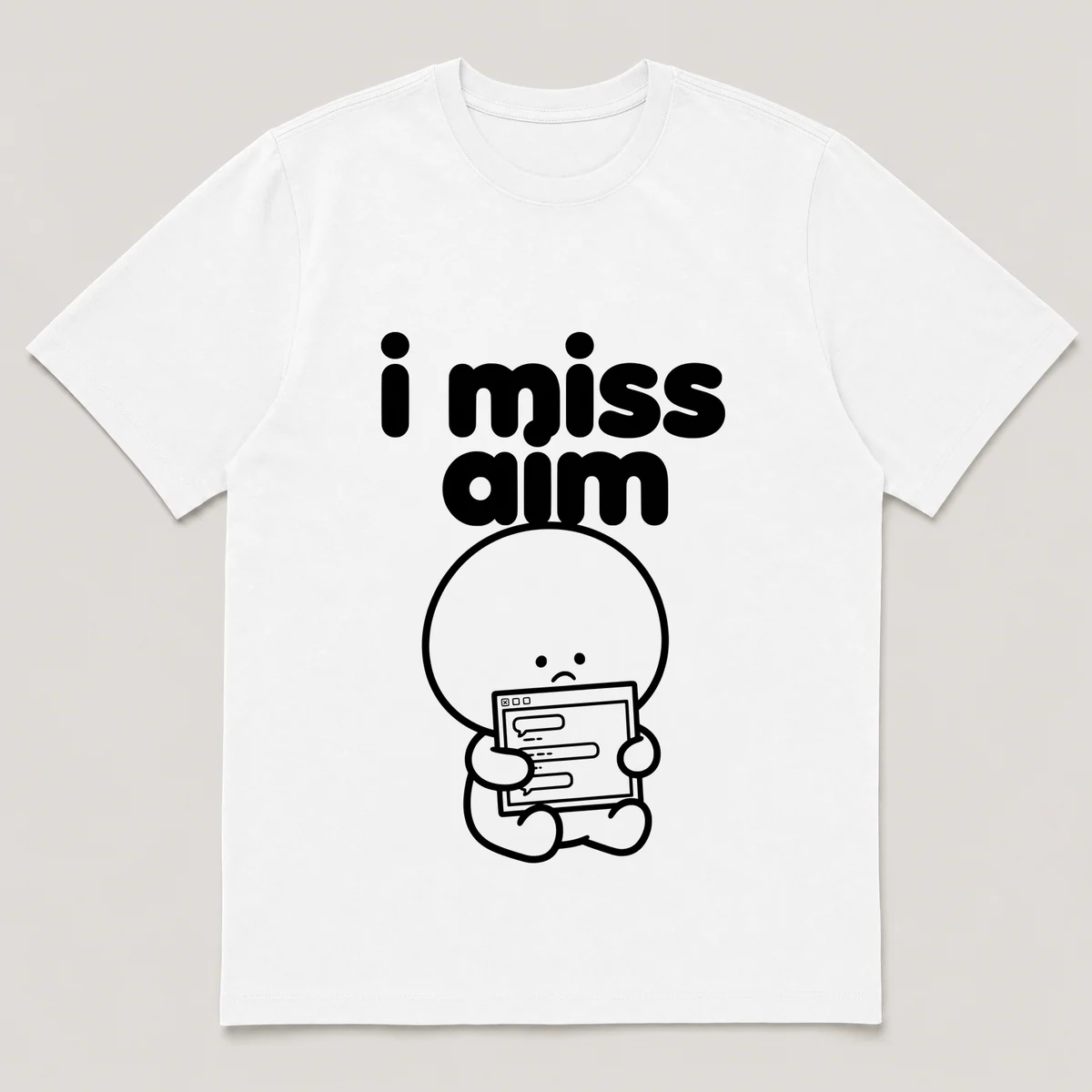 lonely boi tee: a small sad cartoon boy hugging an old desktop chat window with a smile, with the words i miss aim above him, White front view