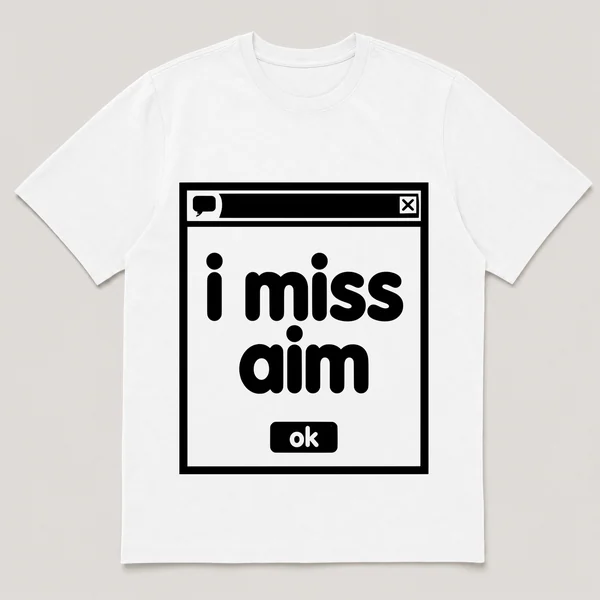 lonely boi tee: a retro computer error dialog window with chat bubble and the words i miss aim and an ok button