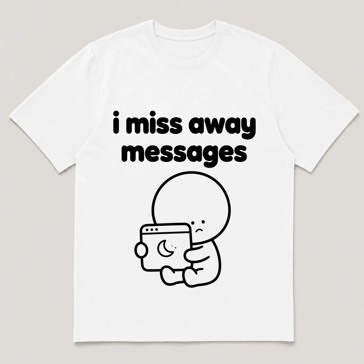 lonely boi tee: a small sad cartoon boy hugging a glowing chat window with a moon, with the words i miss away messages above him, White front view