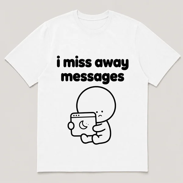 lonely boi tee: a small sad cartoon boy hugging a glowing chat window with a moon, with the words i miss away messages above him