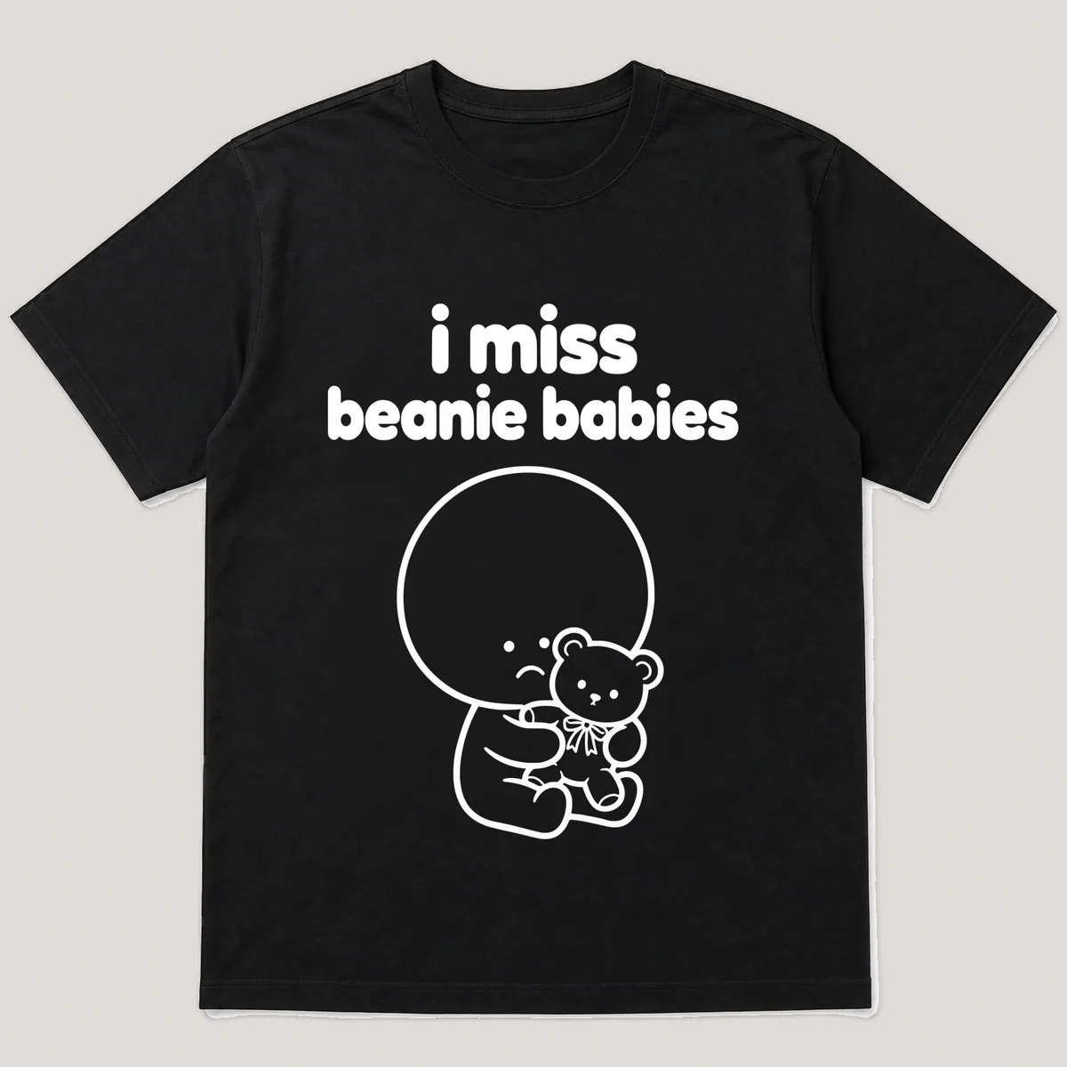 lonely boi tee: a small sad cartoon boy hugging a small plush bear with a ribbon, with the words i miss beanie babies above him, Black front view