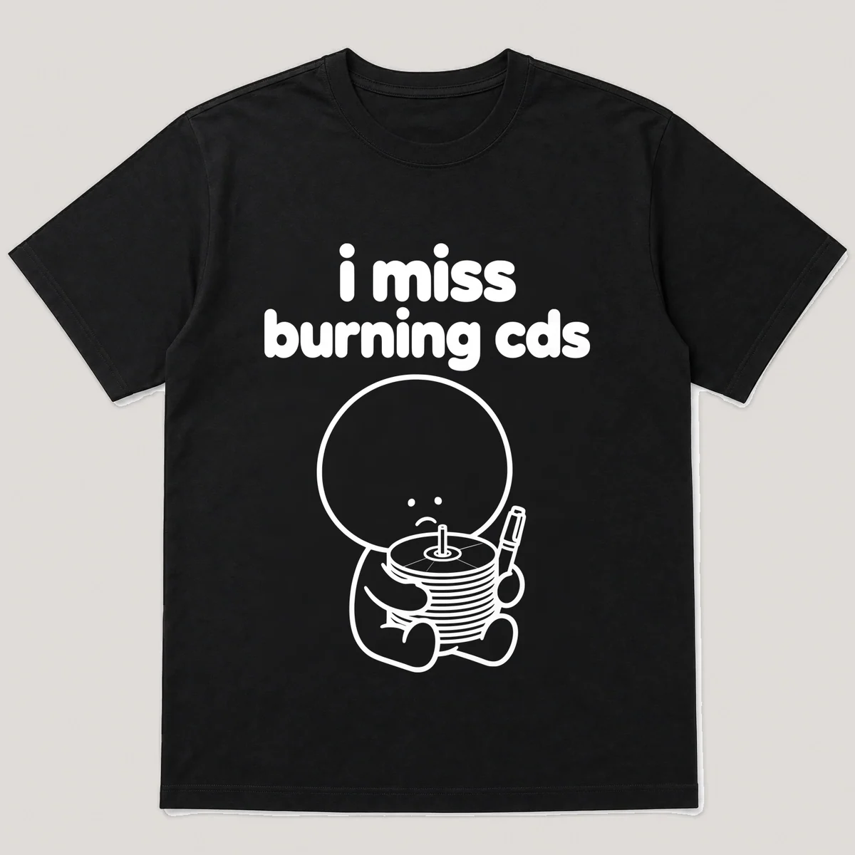 lonely boi tee: a small sad cartoon boy hugging a spindle of blank cds and a marker, with the words i miss burning cds above him, Black front view