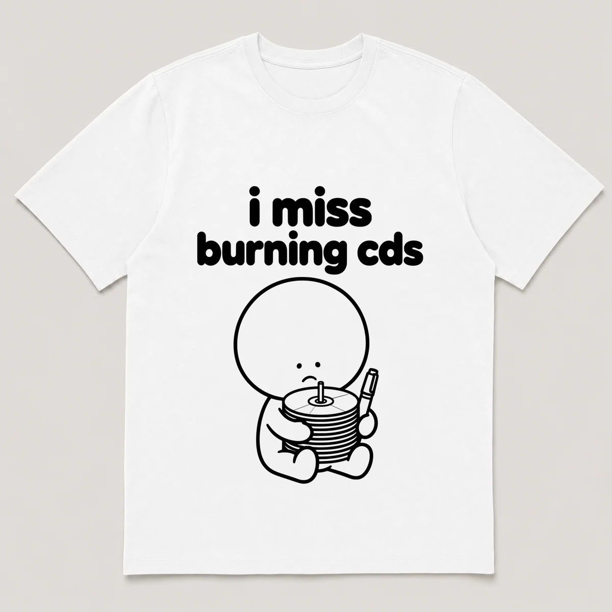 lonely boi tee: a small sad cartoon boy hugging a spindle of blank cds and a marker, with the words i miss burning cds above him, White front view