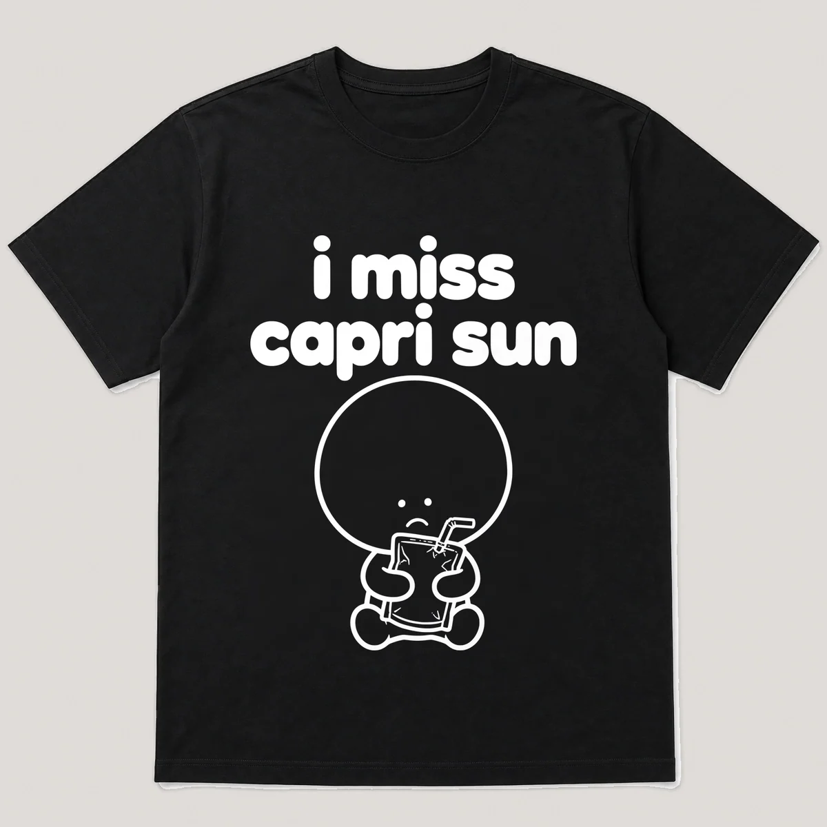 lonely boi tee: a small sad cartoon boy hugging a silver juice pouch with a straw, with the words i miss capri sun above him, Black front view