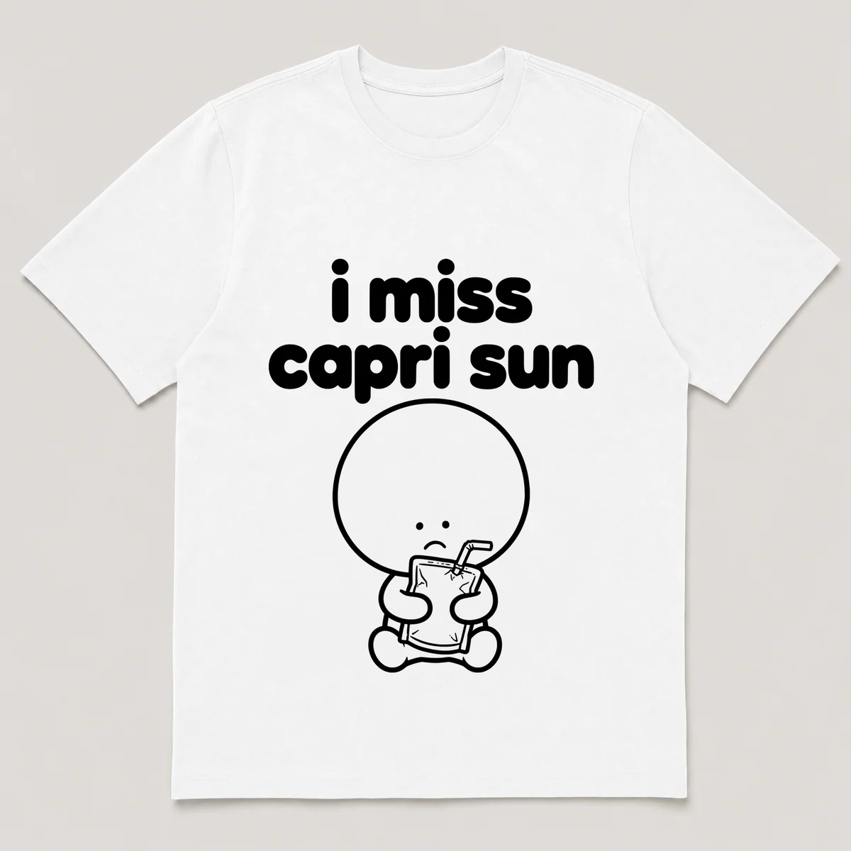 lonely boi tee: a small sad cartoon boy hugging a silver juice pouch with a straw, with the words i miss capri sun above him, White front view