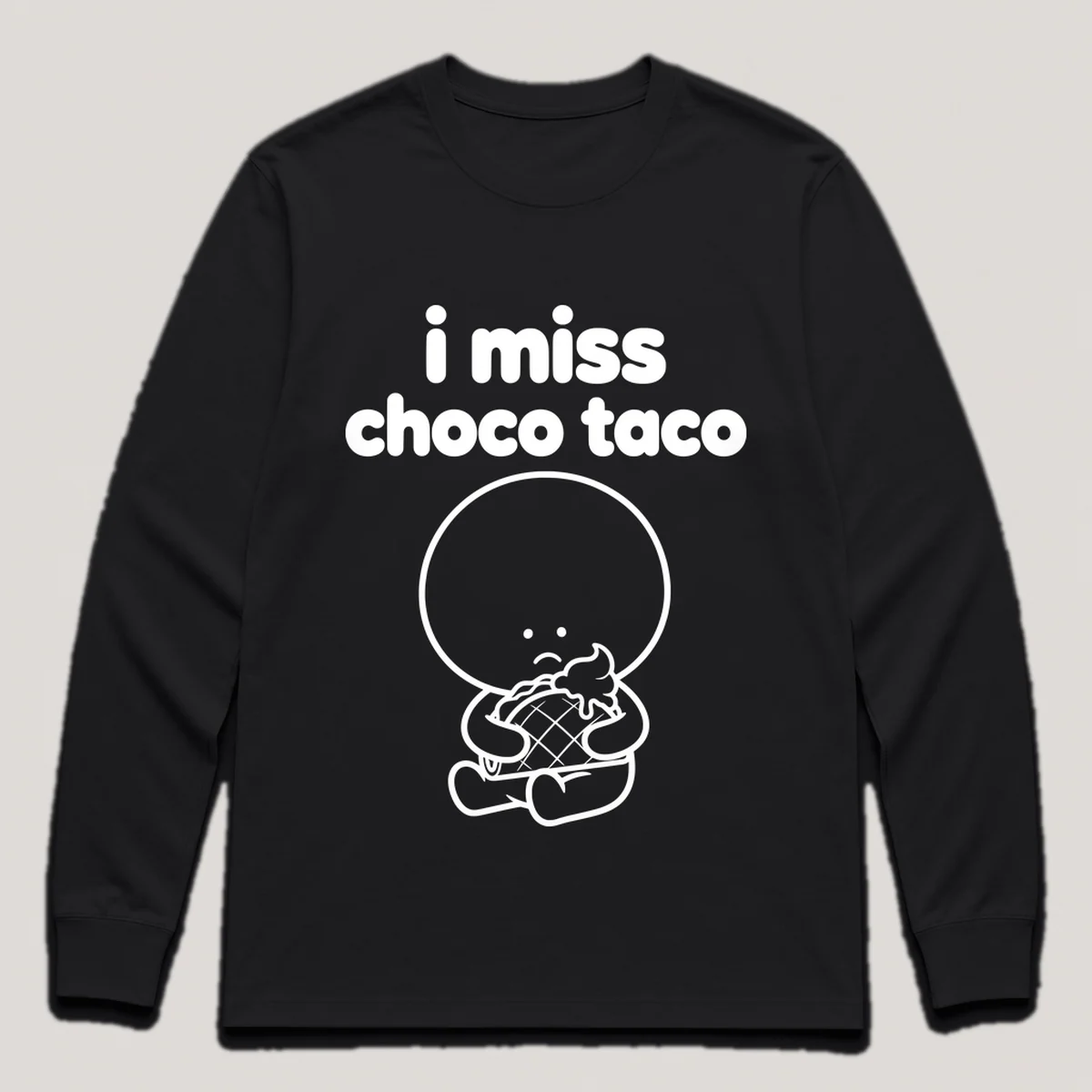 lonely boi tee: a small sad cartoon boy hugging a taco-shaped ice cream treat, with the words i miss choco taco above him, Black front view