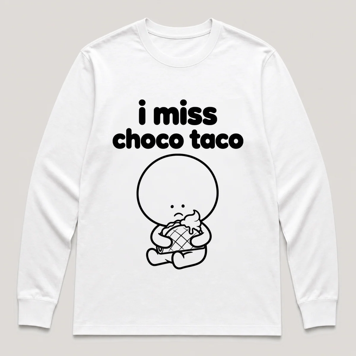 lonely boi tee: a small sad cartoon boy hugging a taco-shaped ice cream treat, with the words i miss choco taco above him, White front view