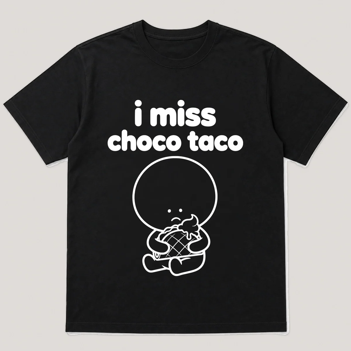 lonely boi tee: a small sad cartoon boy hugging a taco-shaped ice cream treat, with the words i miss choco taco above him, Black front view
