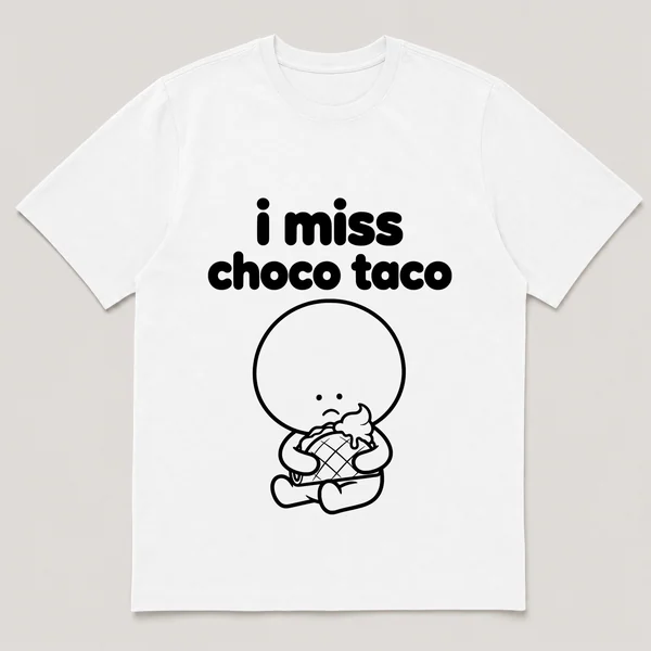 lonely boi tee: a small sad cartoon boy hugging a taco-shaped ice cream treat, with the words i miss choco taco above him