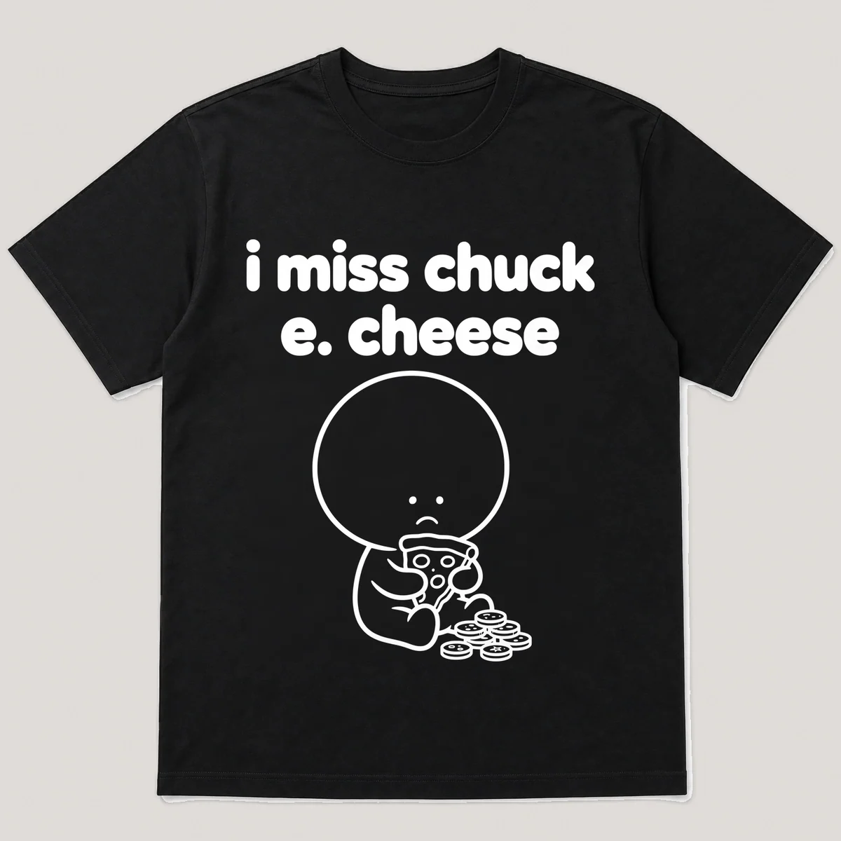 lonely boi tee: a small sad cartoon boy hugging a slice of pizza with game tokens, with the words i miss chuck e. cheese above him, Black front view