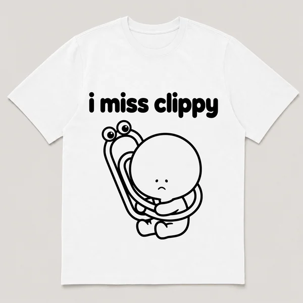 lonely boi tee: a small sad cartoon boy hugging a bendy paperclip with googly eyes, with the words i miss clippy above him
