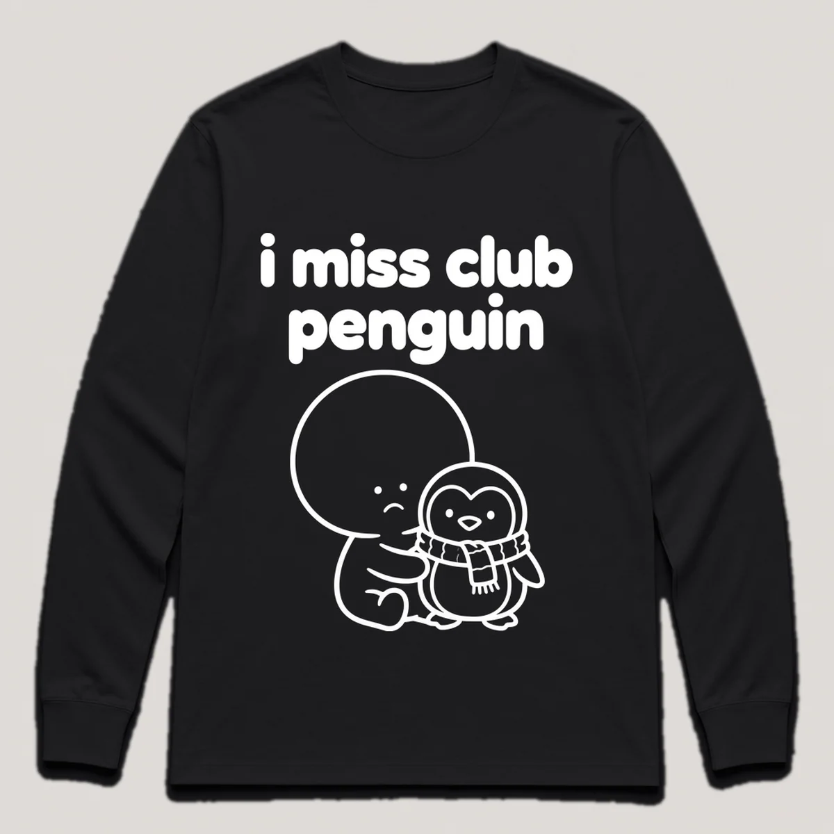 lonely boi tee: a small sad cartoon boy hugging a small cartoon penguin with a scarf, with the words i miss club penguin above him, Black front view