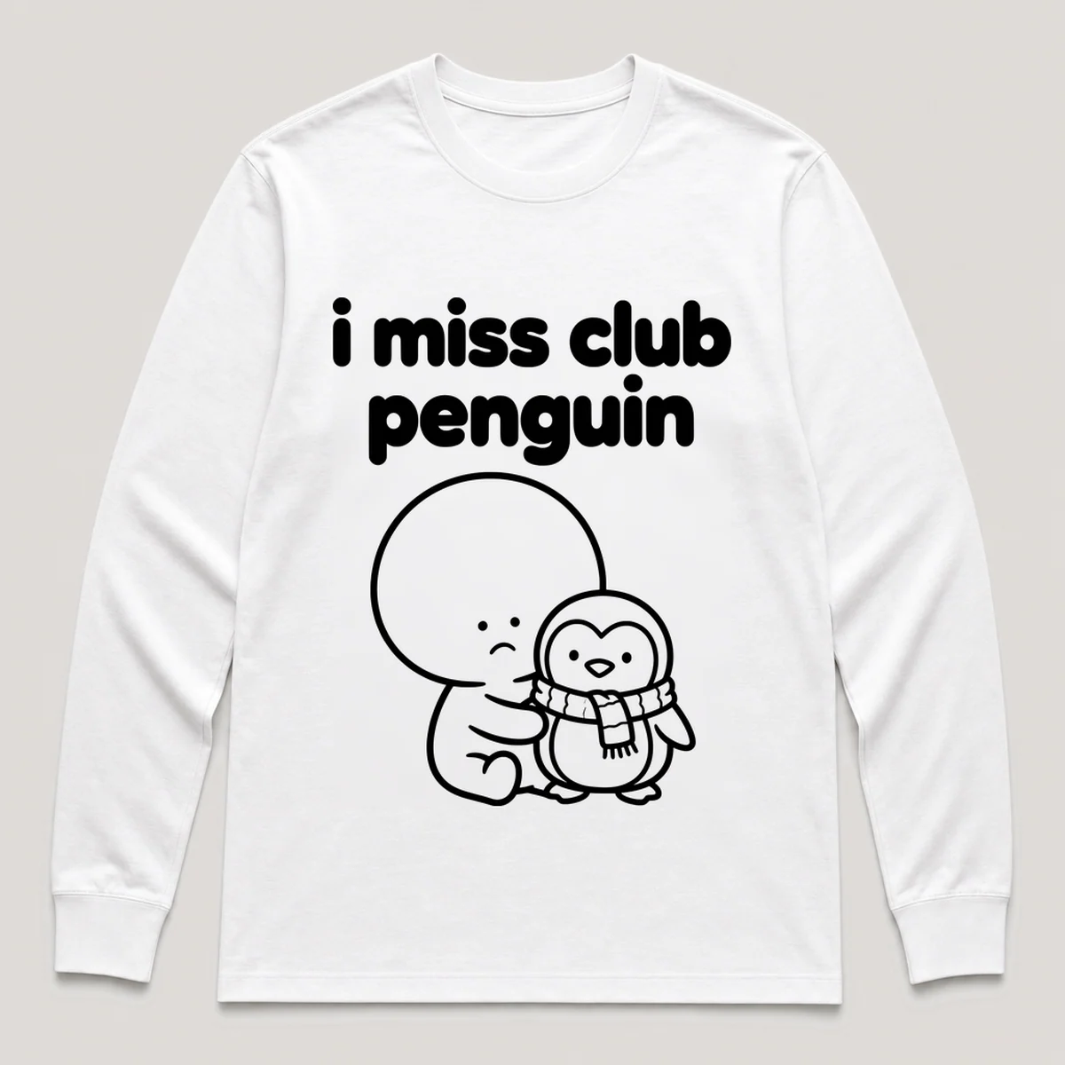 lonely boi tee: a small sad cartoon boy hugging a small cartoon penguin with a scarf, with the words i miss club penguin above him, White front view