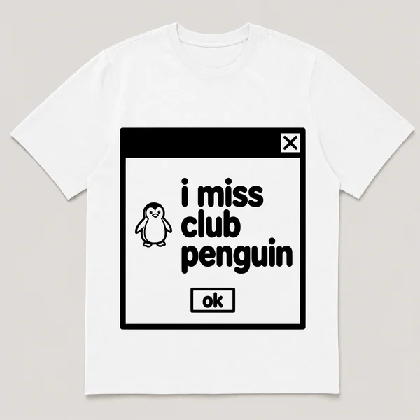 lonely boi tee: a retro computer error dialog window with tiny penguin and the words i miss club penguin and an ok button