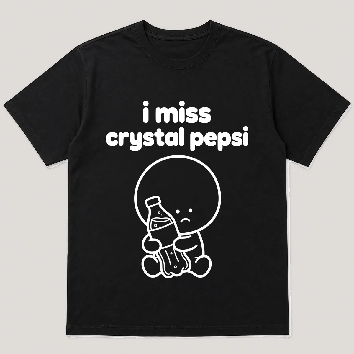 lonely boi tee: a small sad cartoon boy hugging a clear bottle of fizzy cola, with the words i miss crystal pepsi above him, Black front view