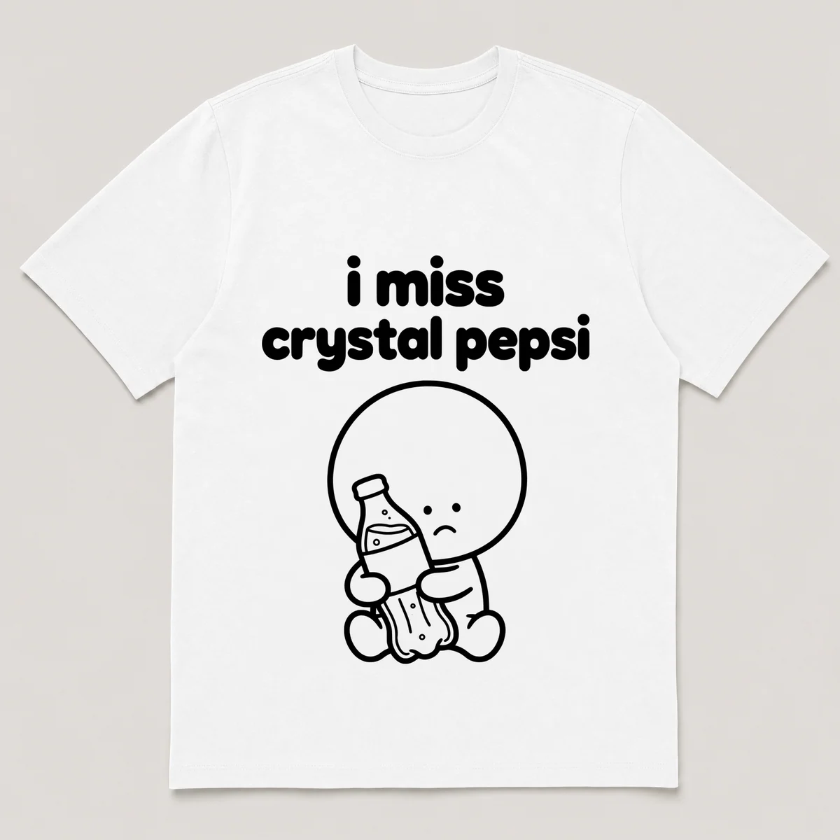 lonely boi tee: a small sad cartoon boy hugging a clear bottle of fizzy cola, with the words i miss crystal pepsi above him, White front view