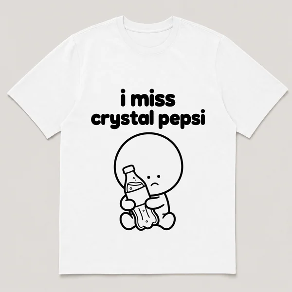 lonely boi tee: a small sad cartoon boy hugging a clear bottle of fizzy cola, with the words i miss crystal pepsi above him