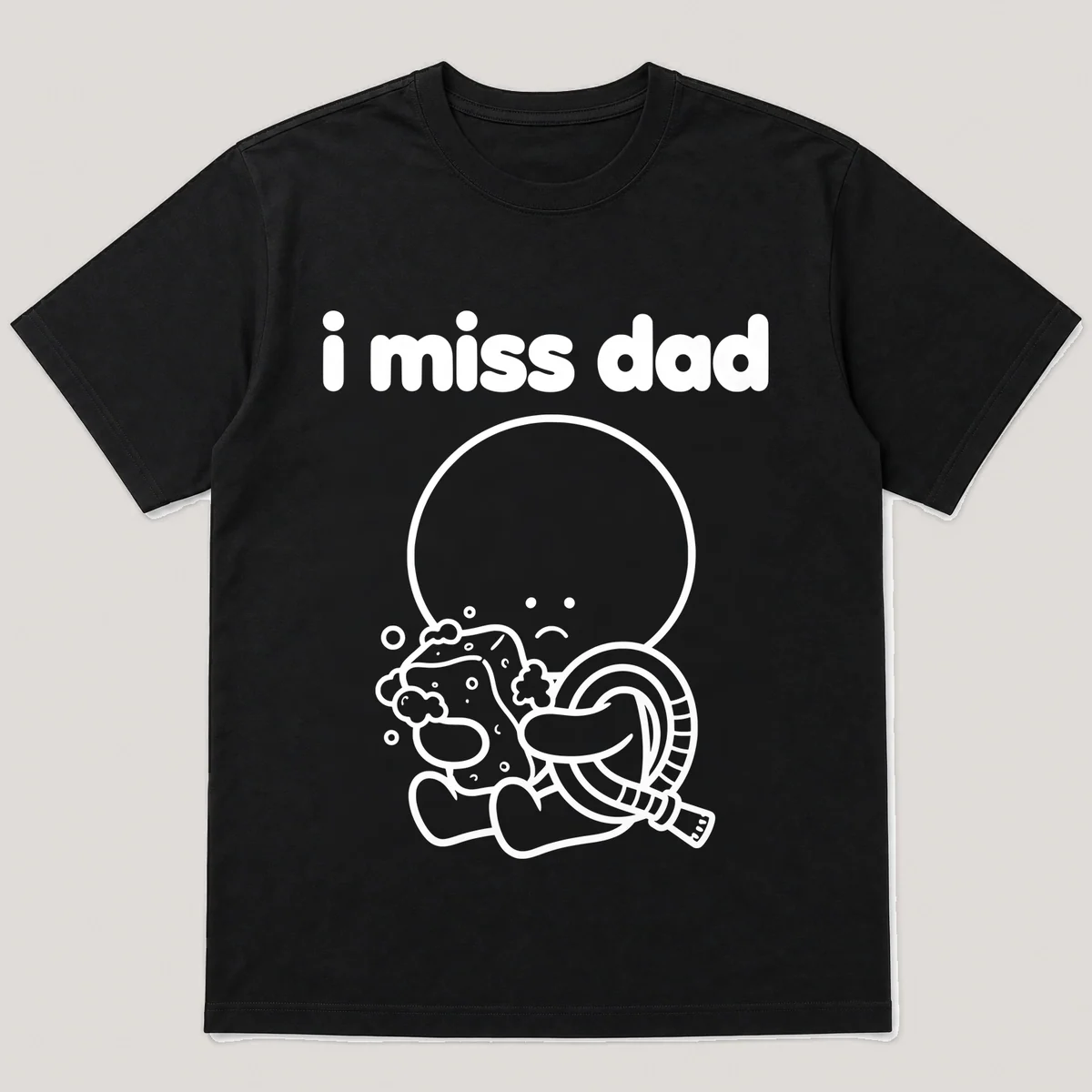 lonely boi tee: a small sad cartoon boy hugging a soapy sponge and a garden hose, with the words i miss dad above him, Black front view