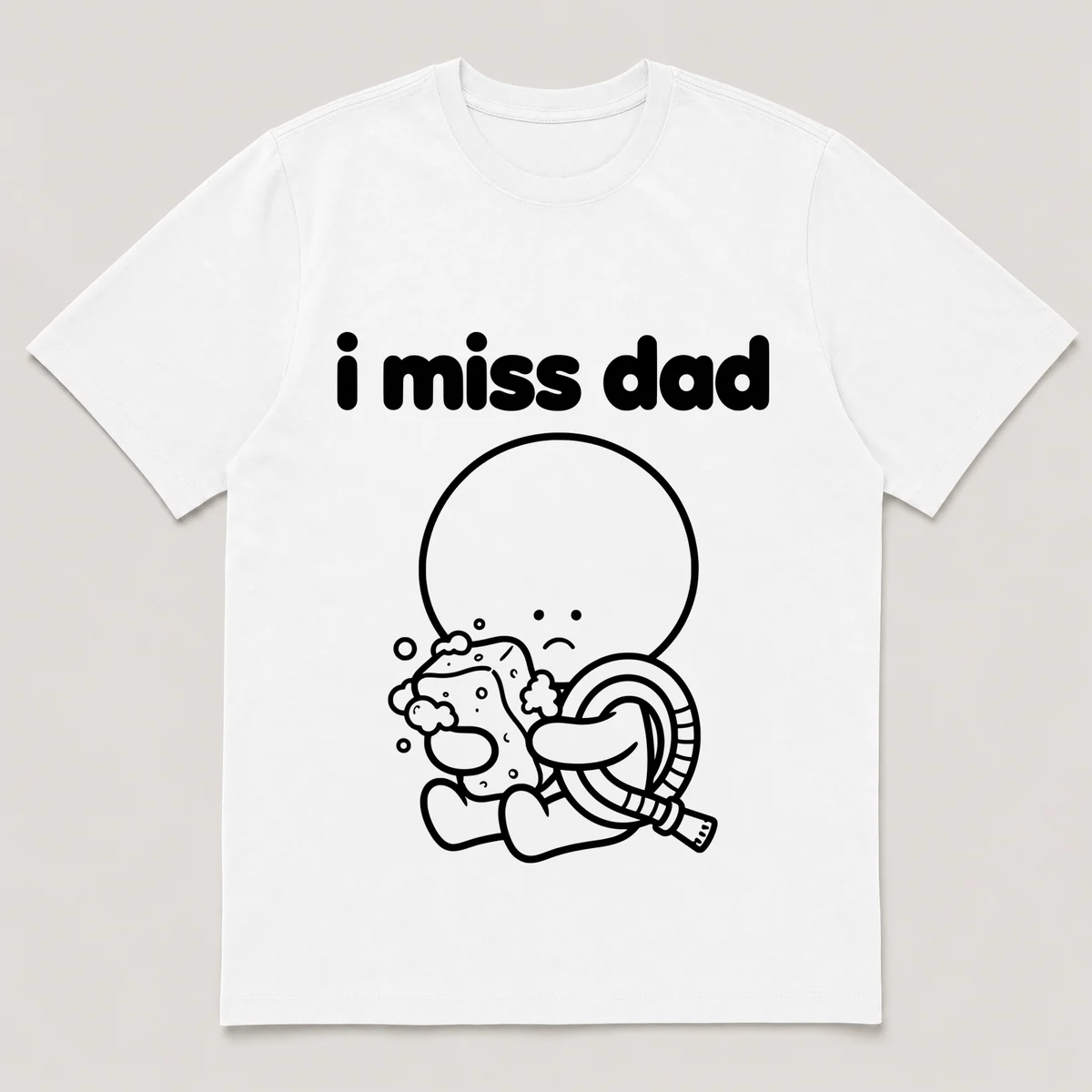 lonely boi tee: a small sad cartoon boy hugging a soapy sponge and a garden hose, with the words i miss dad above him, White front view