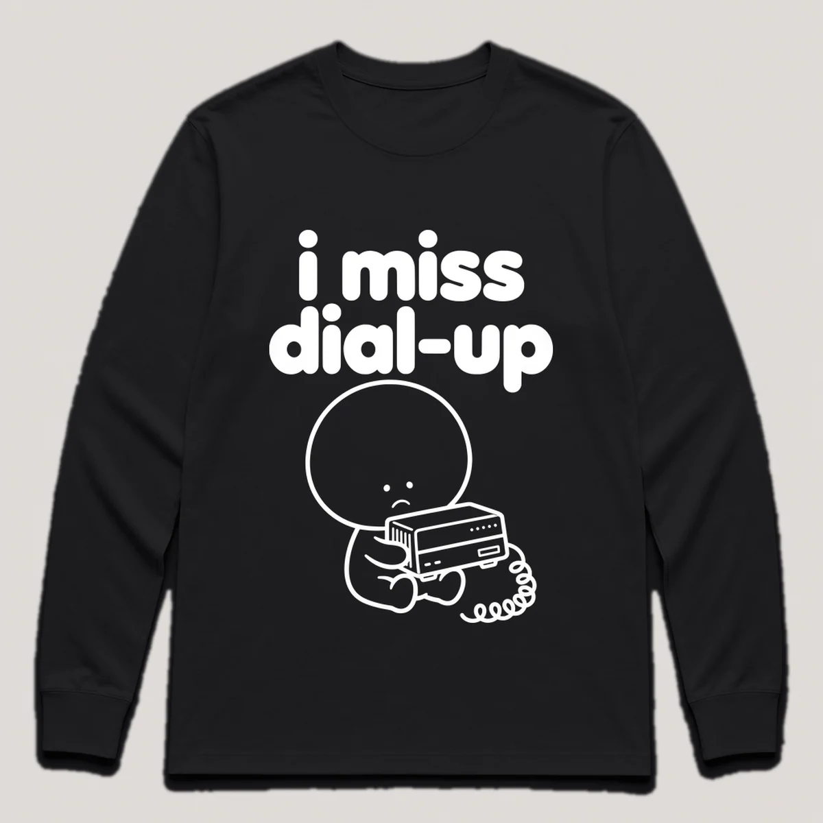 lonely boi tee: a small sad cartoon boy hugging an old desktop modem with a phone cord, with the words i miss dial-up above him, Black front view