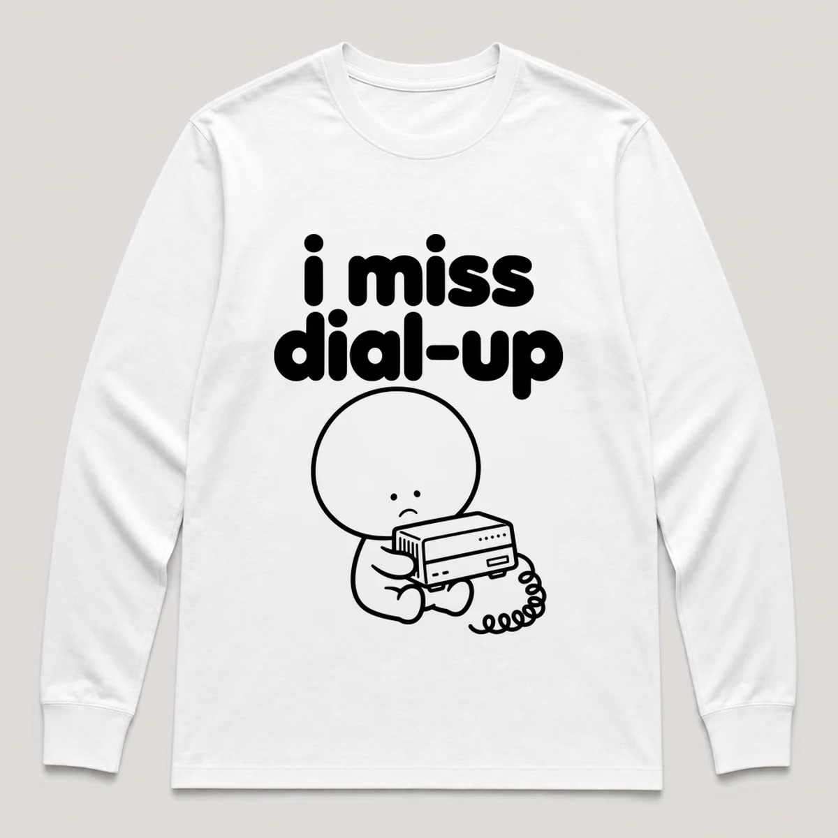 lonely boi tee: a small sad cartoon boy hugging an old desktop modem with a phone cord, with the words i miss dial-up above him, White front view