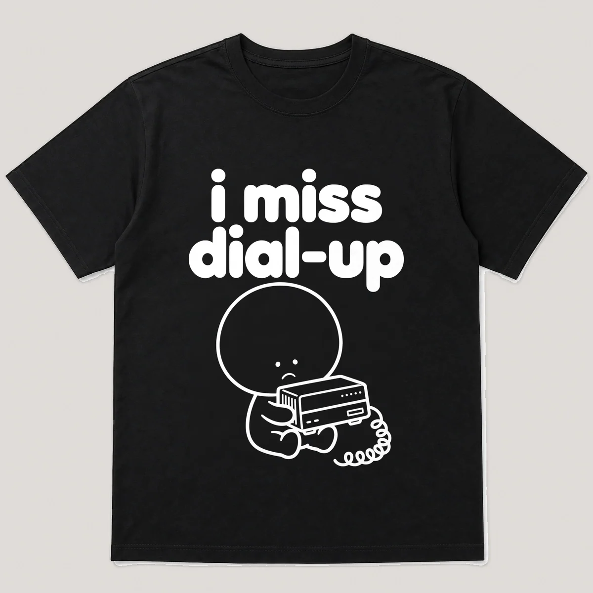 lonely boi tee: a small sad cartoon boy hugging an old desktop modem with a phone cord, with the words i miss dial-up above him, Black front view