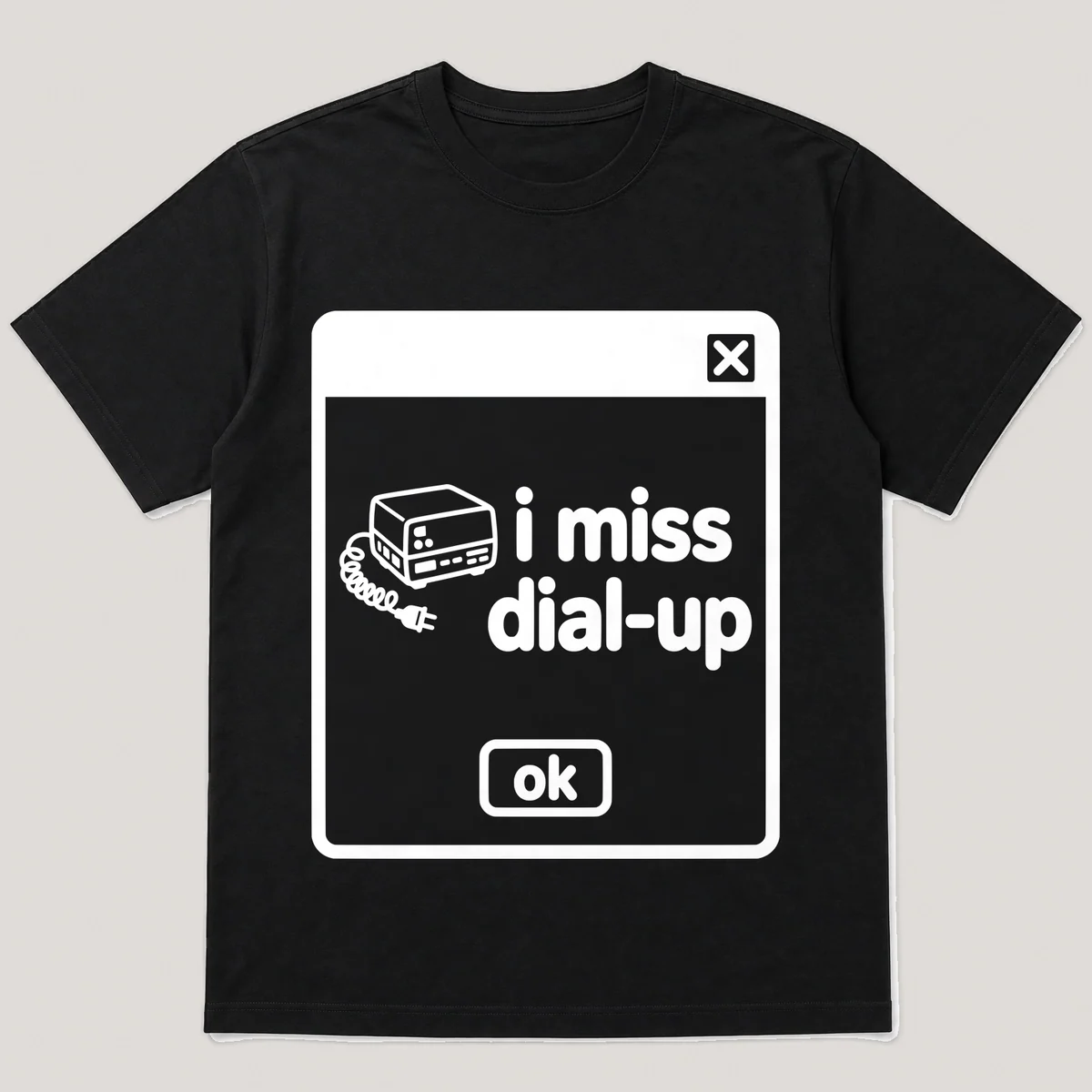 lonely boi tee: a retro computer error dialog window with coiled phone cord and the words i miss dial-up and an ok button, Black front view
