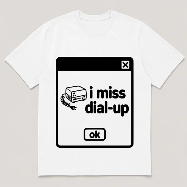 lonely boi tee: a retro computer error dialog window with coiled phone cord and the words i miss dial-up and an ok button
