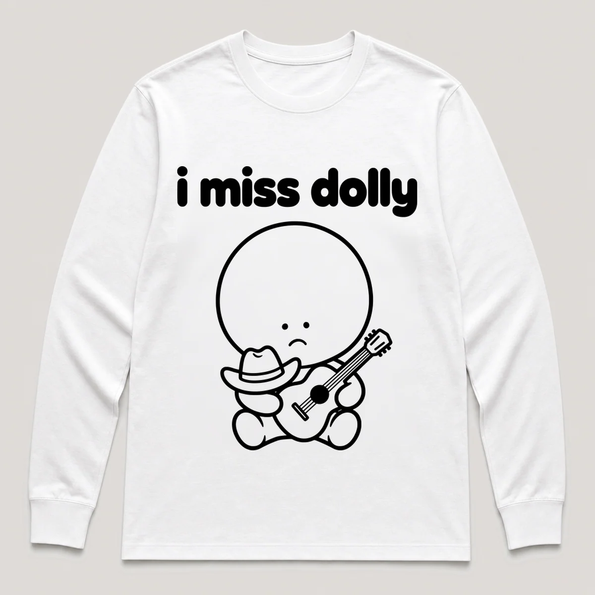 lonely boi tee: a small sad cartoon boy hugging a tiny cowboy hat and a guitar, with the words i miss dolly above him, White front view