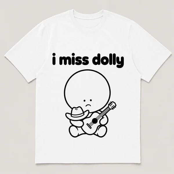 lonely boi tee: a small sad cartoon boy hugging a tiny cowboy hat and a guitar, with the words i miss dolly above him