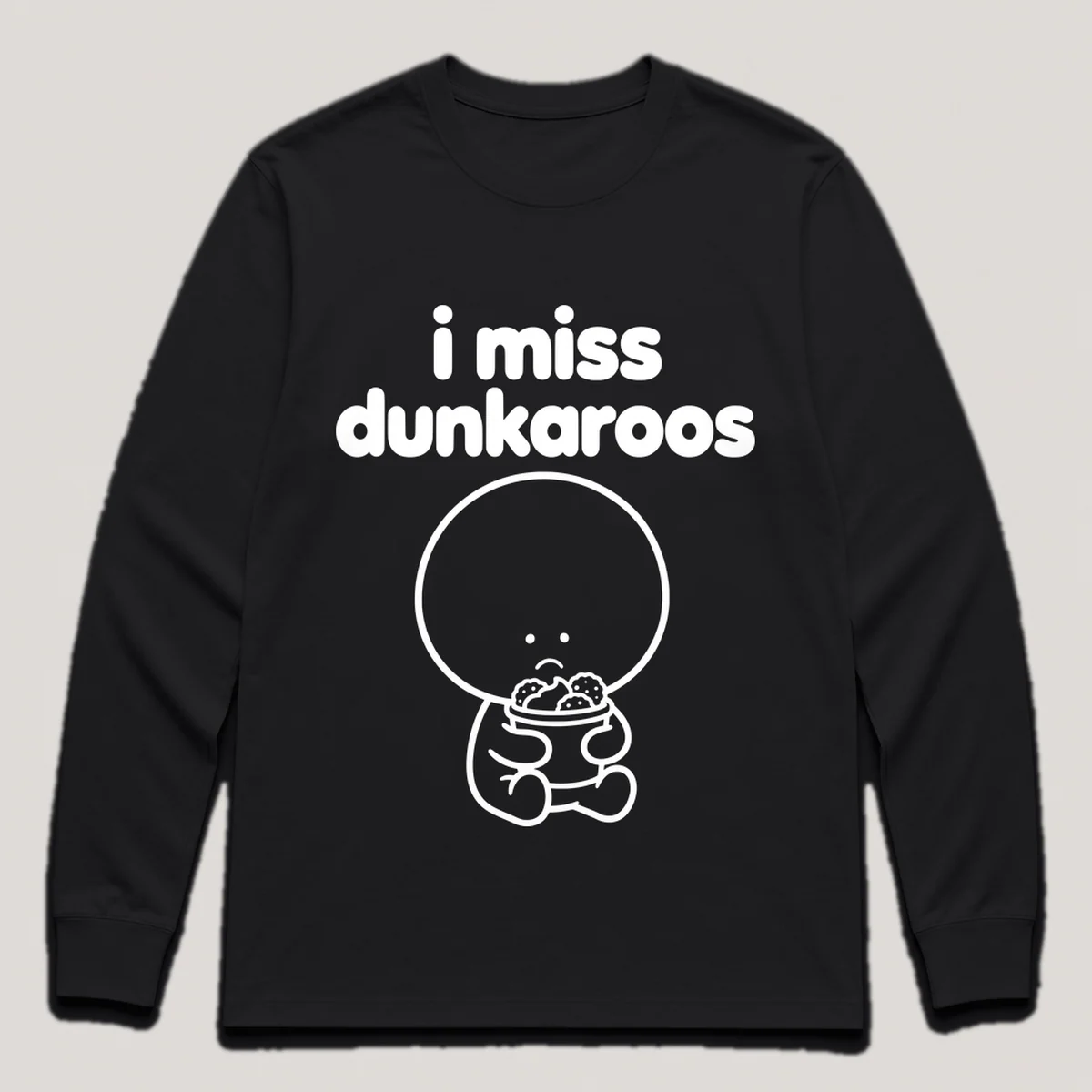 lonely boi tee: a small sad cartoon boy hugging a snack cup of cookies and frosting dip, with the words i miss dunkaroos above him, Black front view