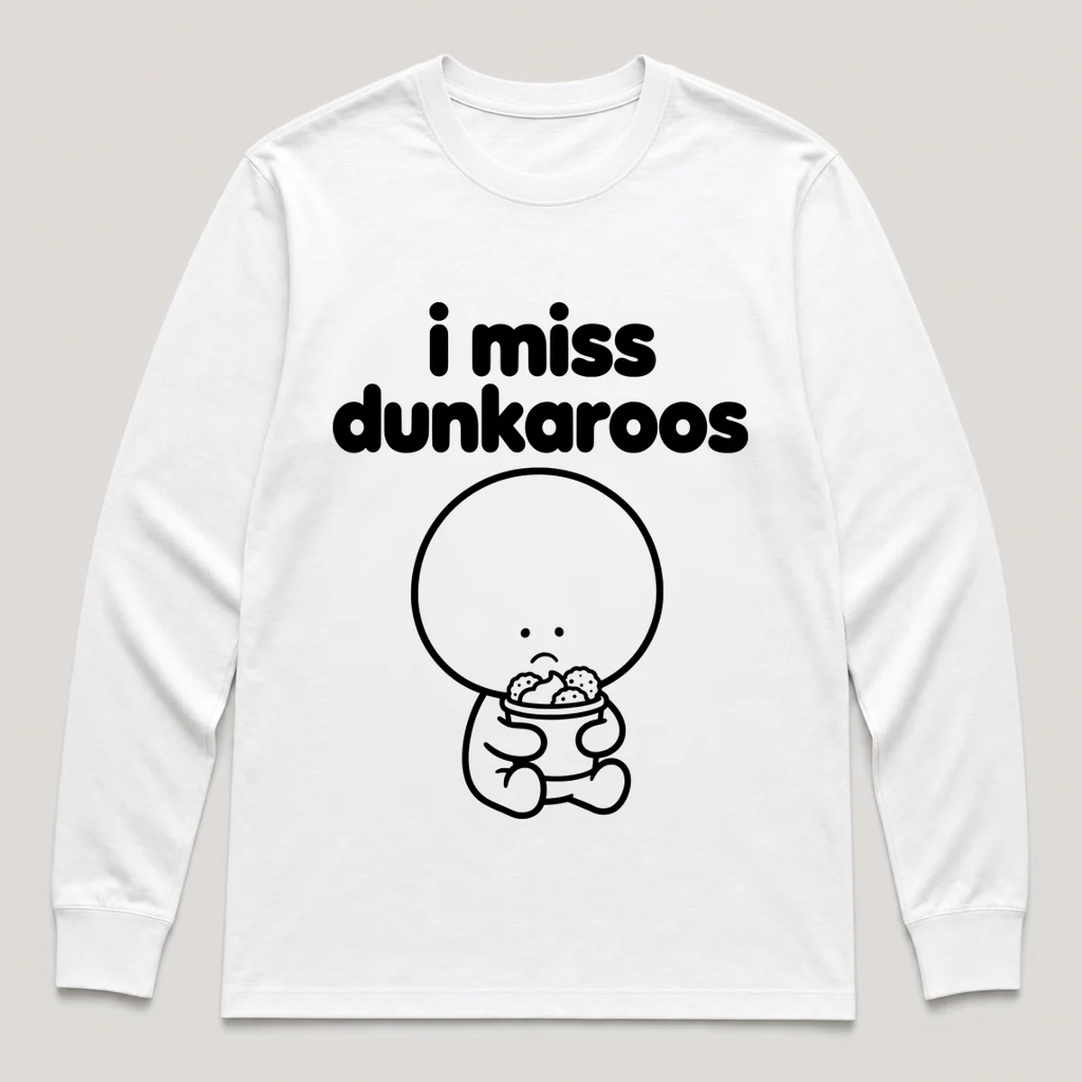 lonely boi tee: a small sad cartoon boy hugging a snack cup of cookies and frosting dip, with the words i miss dunkaroos above him, White front view