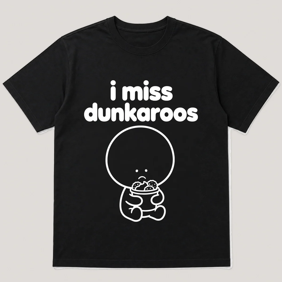lonely boi tee: a small sad cartoon boy hugging a snack cup of cookies and frosting dip, with the words i miss dunkaroos above him, Black front view