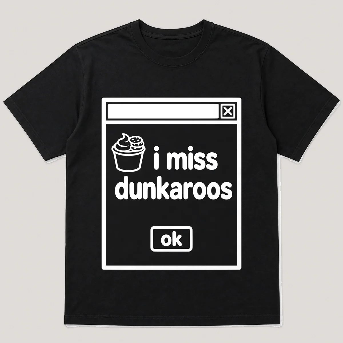 lonely boi tee: a retro computer error dialog window with cookie cup and the words i miss dunkaroos and an ok button, Black front view