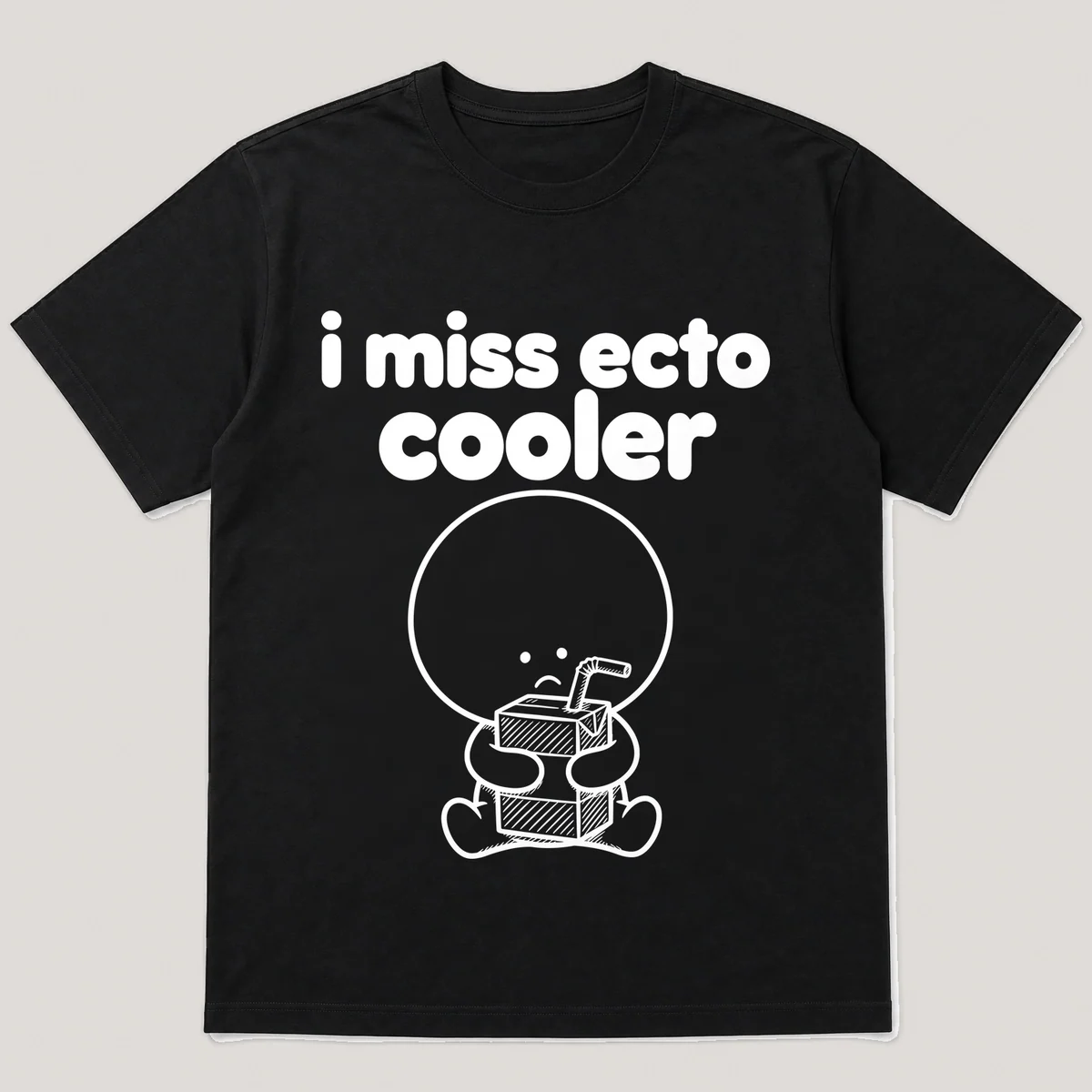 lonely boi tee: a small sad cartoon boy hugging a slime-green juice box with a straw, with the words i miss ecto cooler above him, Black front view