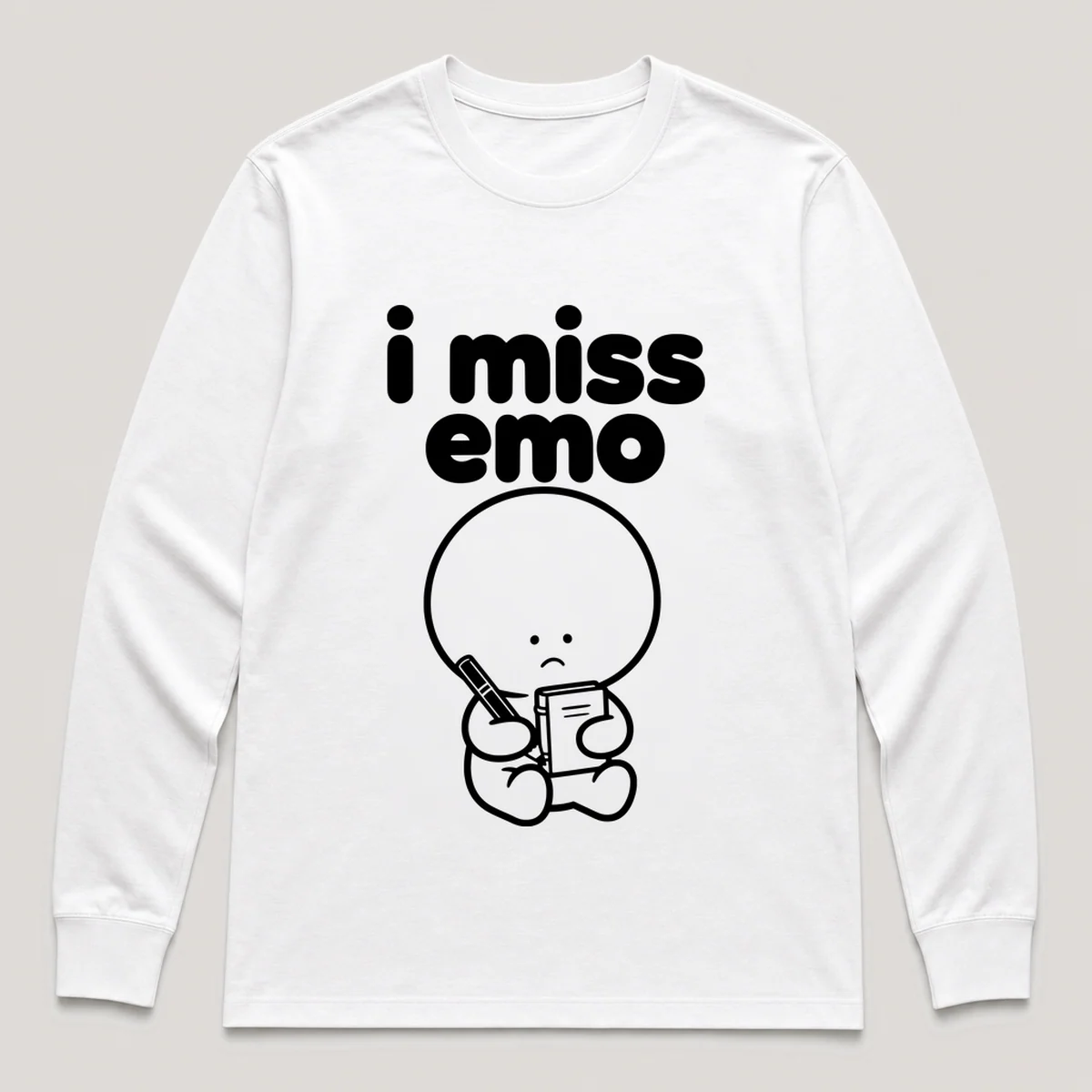 lonely boi tee: a small sad cartoon boy hugging a black eyeliner pencil and a journal, with the words i miss emo above him, White front view