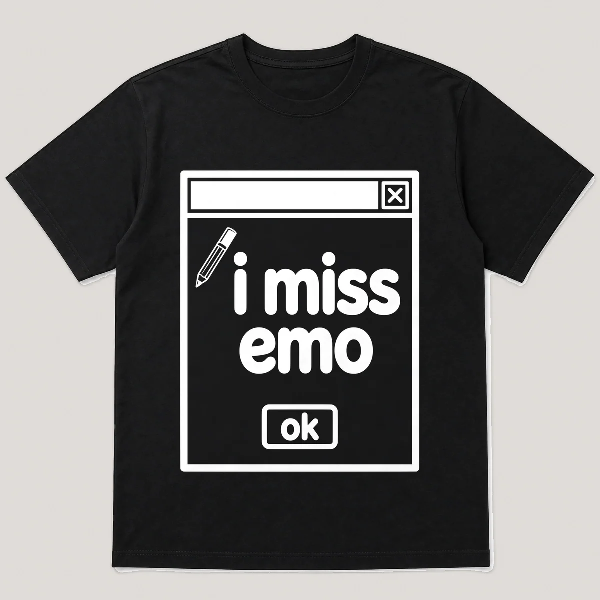 lonely boi tee: a retro computer error dialog window with eyeliner pencil and the words i miss emo and an ok button, Black front view