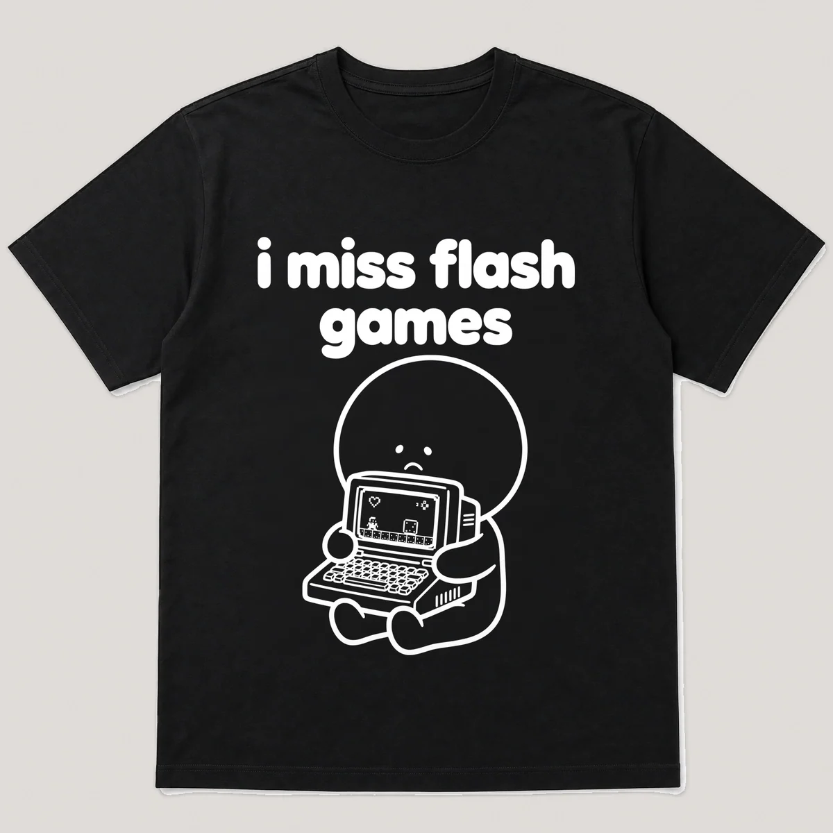 lonely boi tee: a small sad cartoon boy hugging a chunky school computer with a game, with the words i miss flash games above him, Black front view