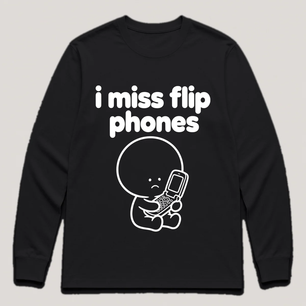 lonely boi tee: a small sad cartoon boy hugging an open flip phone, with the words i miss flip phones above him, Black front view