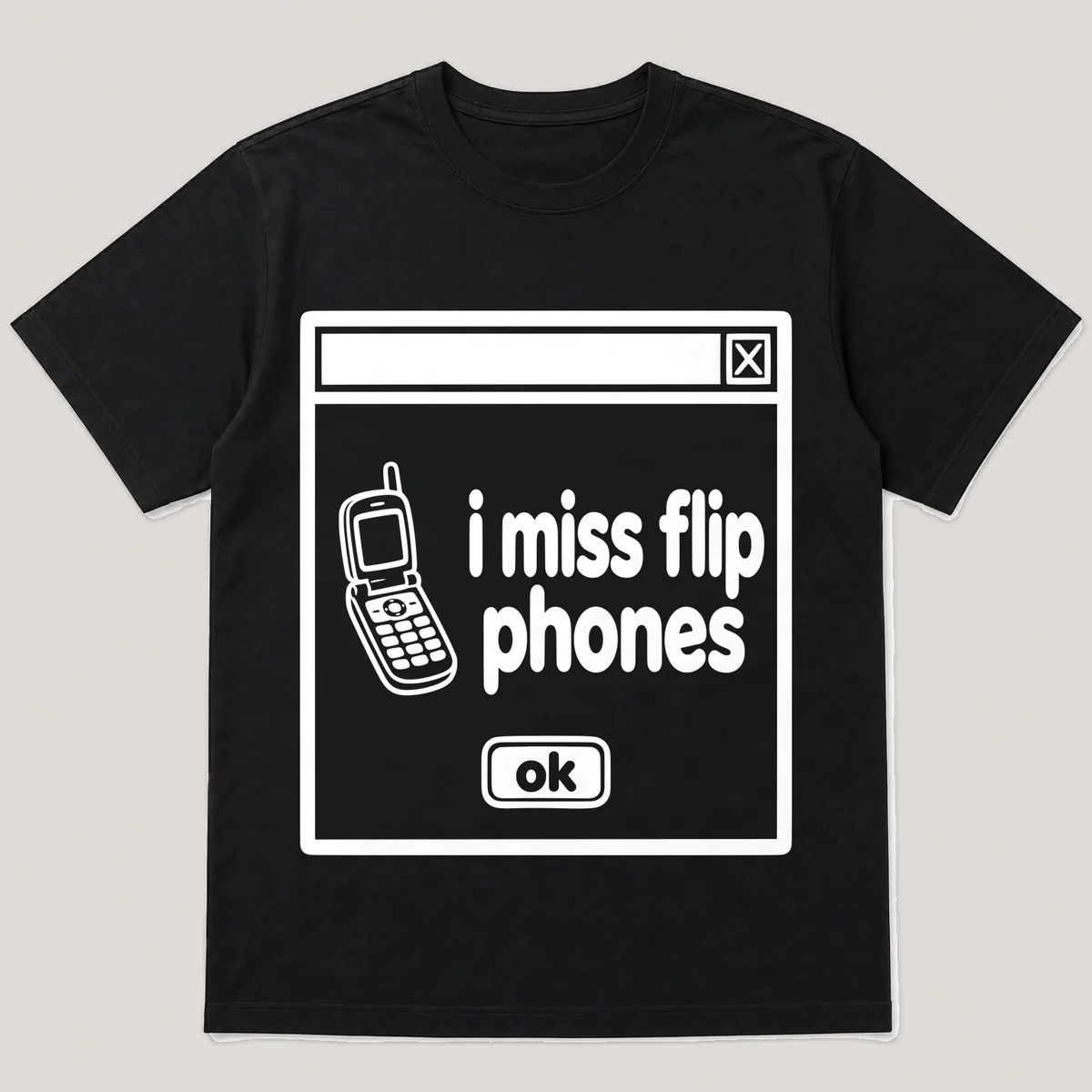 lonely boi tee: a retro computer error dialog window with open flip phone and the words i miss flip phones and an ok button, Black front view