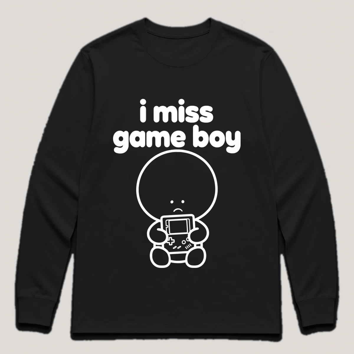 lonely boi tee: a small sad cartoon boy hugging a chunky handheld game console, with the words i miss game boy above him, Black front view
