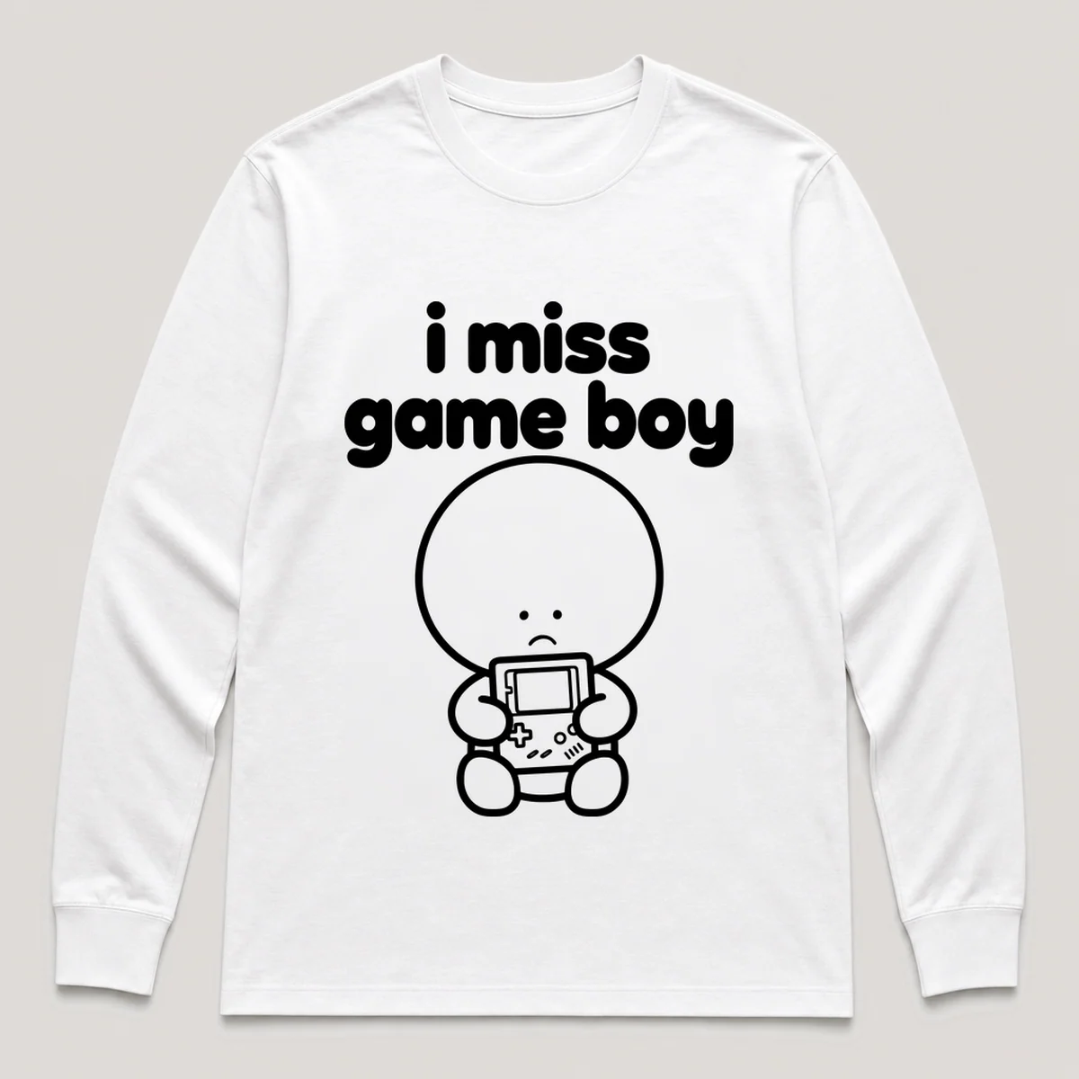 lonely boi tee: a small sad cartoon boy hugging a chunky handheld game console, with the words i miss game boy above him, White front view