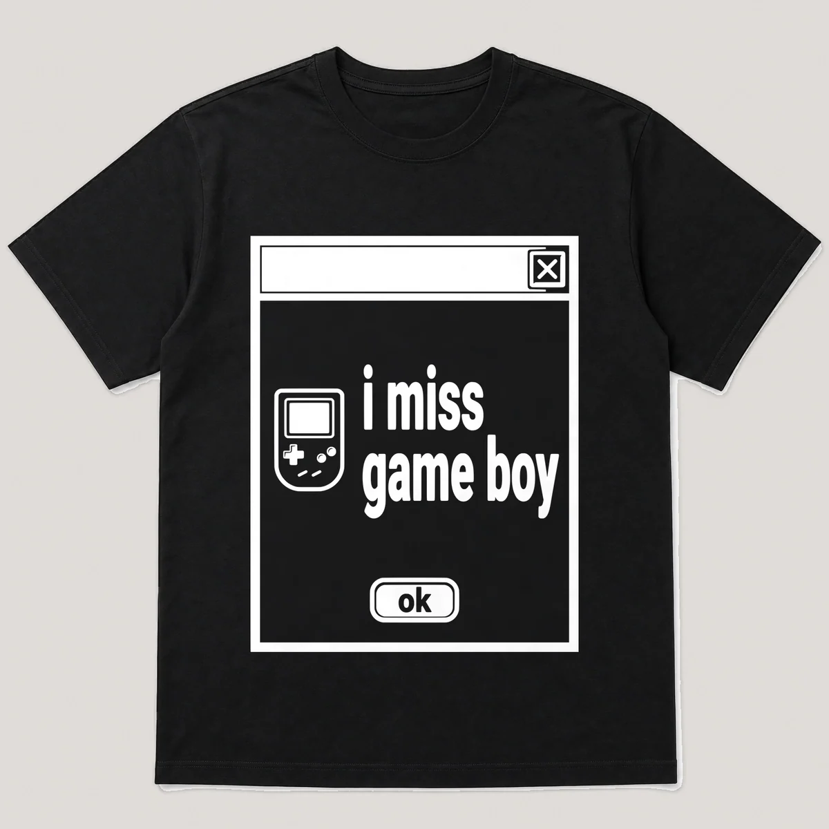 lonely boi tee: a retro computer error dialog window with tiny game console and the words i miss game boy and an ok button, Black front view