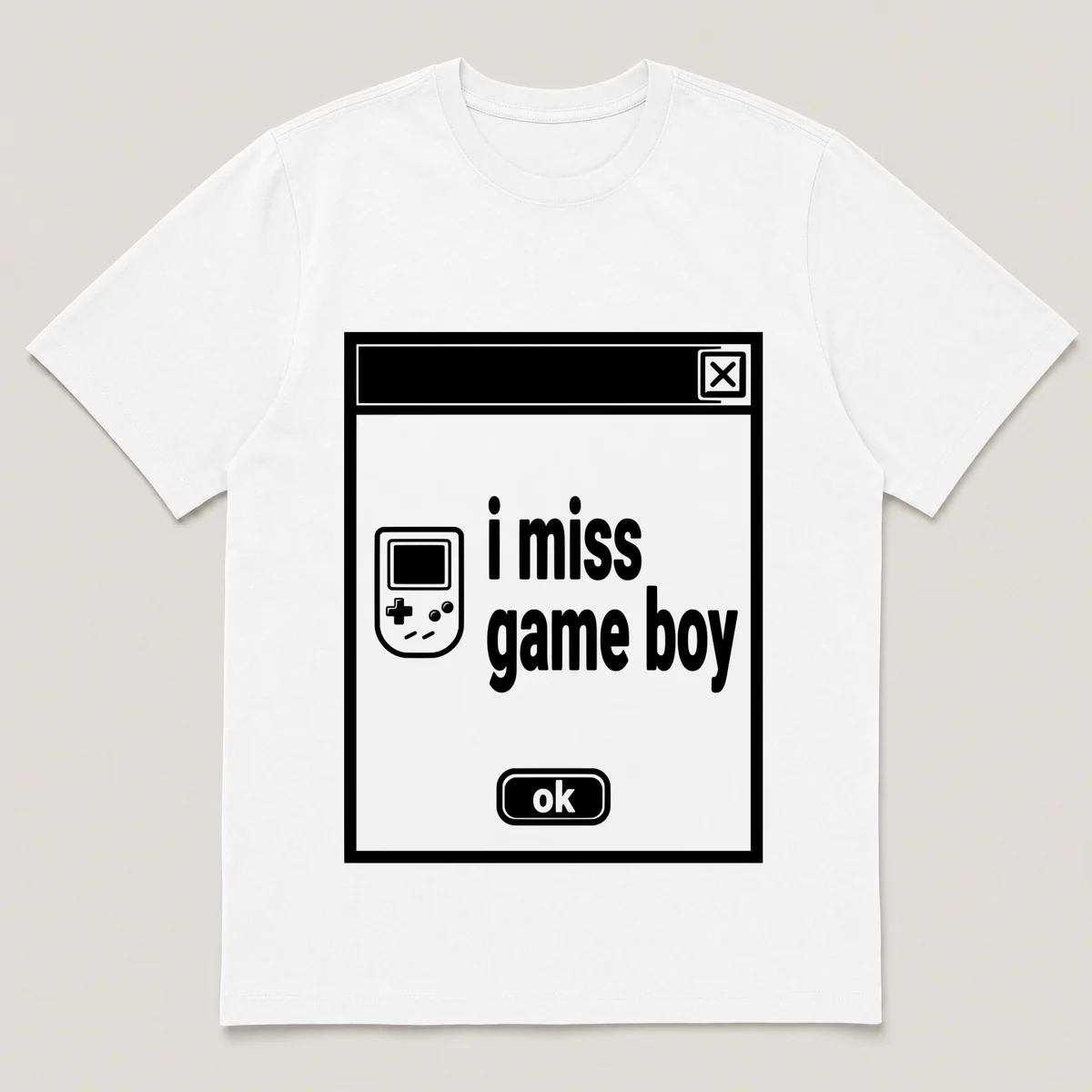 lonely boi tee: a retro computer error dialog window with tiny game console and the words i miss game boy and an ok button, White front view